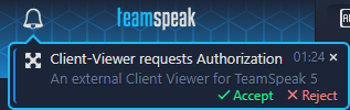 The Image shows an image the top left corner of a TeamSpeak 5 Client. The Notification Area is expanded and shows an authorization request from the Client Viewer.