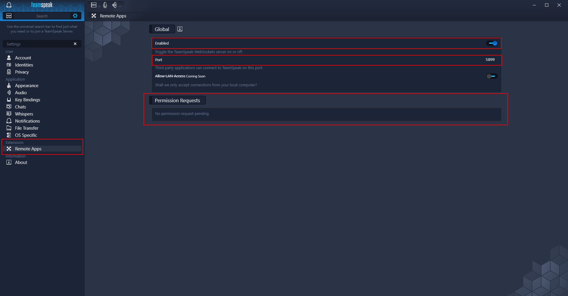 The Image shows the Remote Apps Page in the TeamSpeak 5 Client Settings. The Settings 'Enabled' and 'Port' aswell ass the section 'Permission Requests' are outlined in red.